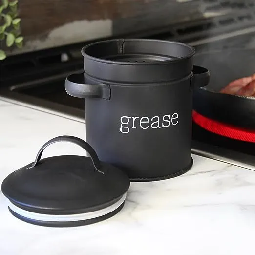 AuldHome Design-26oz Enamelware Grease Container with Strainer Black