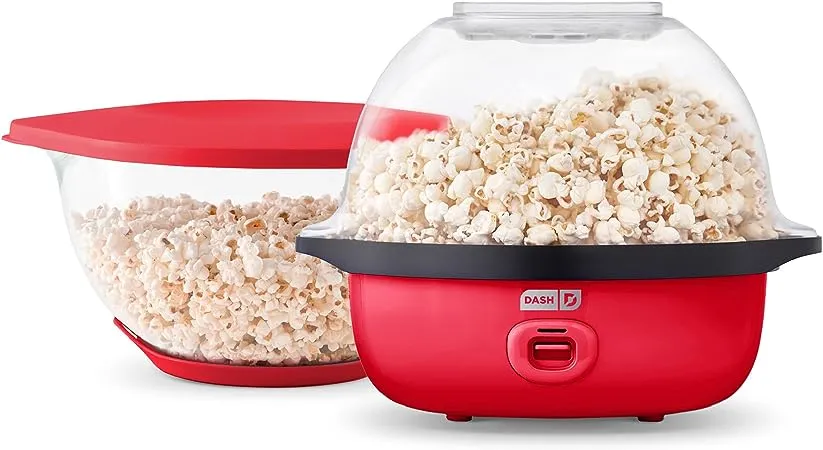 DASH SmartStore™ Deluxe Stirring Popcorn Maker, Hot Oil Electric Popcorn Machine with Large Lid for Serving Bowl and Convenient Storage, 24 Cups – Red