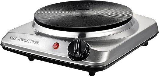 OVENTE Electric Countertop Single Burner, 1000W Cooktop with 7.25 Inch Cast Iron Hot Plate, 5 Level Temperature Controls, Compact Cooking Stove and Easy to Clean Stainless Steel Base, Black BGS101B