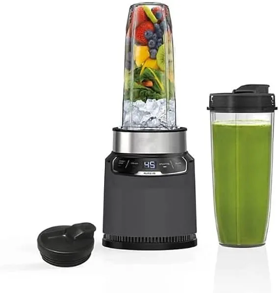 Ninja BN401-A Nutri Pro Compact Personal Blender, Auto-iQ Technology, 1100-Peak-Watts, for Frozen Drinks, Smoothies, Sauces & More, with (2) 32-oz. To-Go Cups & Spout Lids, Gray (2) 32-oz. To-Go Cups, Dark Gray) 