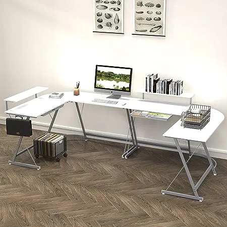 SHW Vista L-Shape Desk with Monitor Stand White