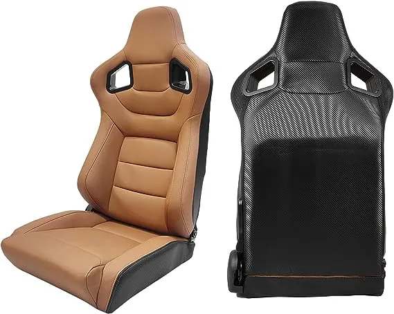 Ikon MOTORSPORTS, Universal Racing SEATS Pair with Dual Sliders, Reclinable Brown with Stitch PU & Carbon Leather Sport Bucket Seats, 1 Pair Driver