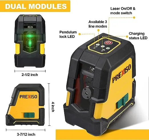 PREXISO Laser Level Self Leveling - 100Ft Rechargeable Cross Line Laser, Green Line leveler Tool for Construction, Floor Tile, Home Renovation with Magnetic Pivoting Base, Target Plate & Portable Bag