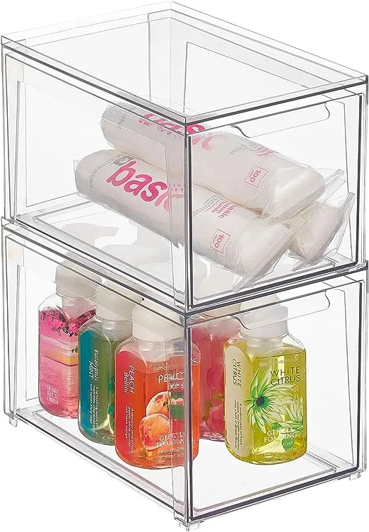 mDesign Plastic Stackable Bathroom Storage Organizer Bin with Pull Out Drawer for Cabinet, Vanity, Shelf, Cupboard, Cabinet, or Closet Organization