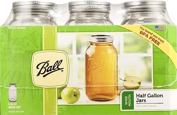 Ball Wide Mouth Half Gallon 64 Oz Jars with Lids and Bands, Set of 6 (2 Pack), WM), Clear