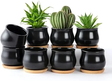 Shecipin 8 Pack Succulent Plant Pot, Matte Black Mini 26 inch Ceramic Flower Planter Pot with Bamboo Tray, Small Pots for Plants, Bamboo