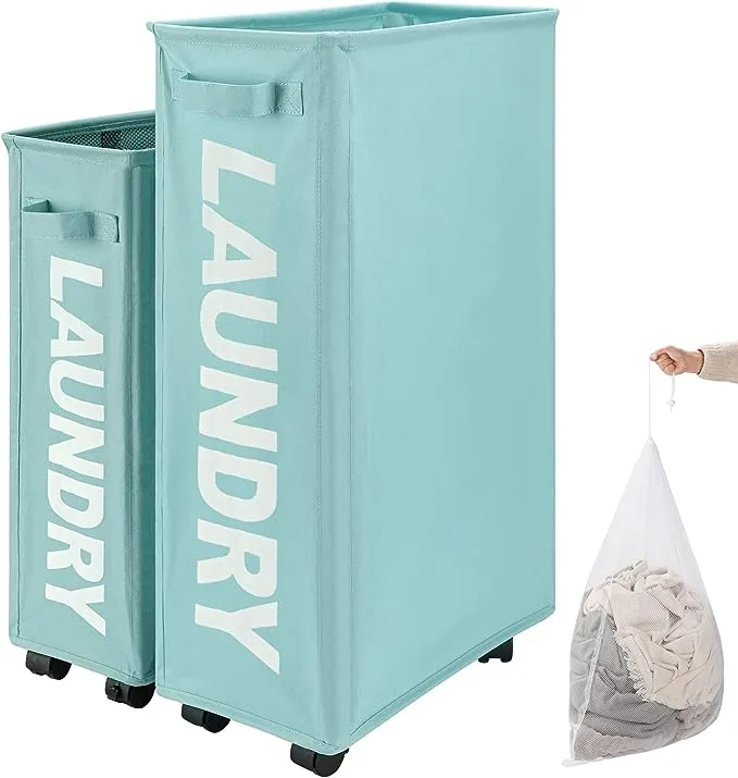 TOTANKI 29" Large Slim Rolling Laundry Basket on Wheels with Removable Bag, Foldable Laundry Hamper with Handle, Collapsible Laundry Sorter and