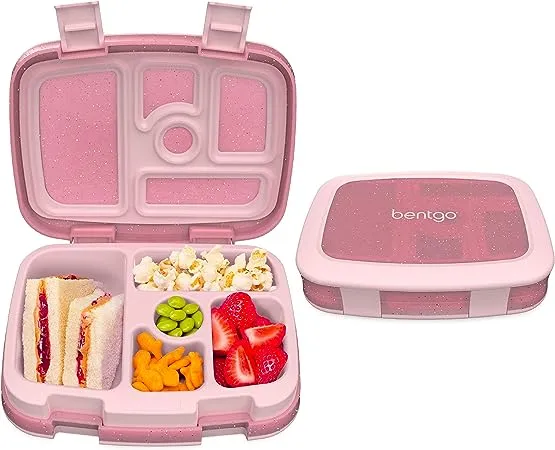 Bentgo® Kids 5-Compartment Lunch Box - Glitter Design for School, Ideal for Ages 3-7, Leak-Proof, Drop-Proof, Dishwasher Safe, & Made with BPA-Free Materials (Glitter Edition - Petal Pink)