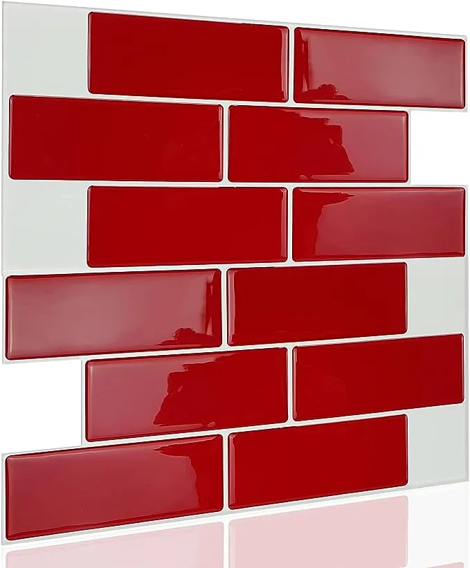 WALPLUS Premium 12 Sheets Peel and Stick Kitchen Backsplash Tile Stickers Self Adhesive Stick on Subway Tile 12" x 6" Bathroom Splashback Water Heat Resistant 3D Wall Tiles Red Glossy