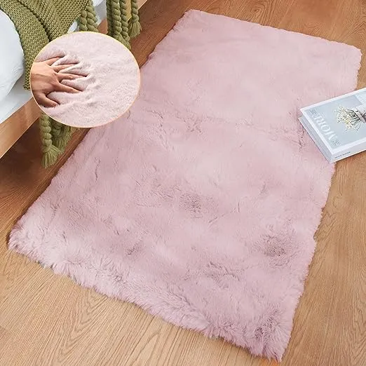 ORINOVA Pink Fuzzy Faux Washable Fluffy Fur Area Rugs for Living Room Cute Small Furry Rugs for Bedroom Kids Rug 2x3 Rug Girls Nursery Rug Rectange Rug