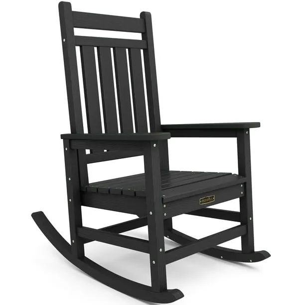 SERWALL Outdoor Oversized Slat Rocking Chair, Black, HDPE