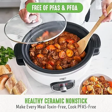 GreenLife Cook Duo Healthy Ceramic Nonstick Programmable 6 Quart Family-Sized Slow Cooker, PFAS-Free, Removable Lid and Pot, Digital Timer, Adjustable Tempature Control, Dishwasher Safe Parts, White