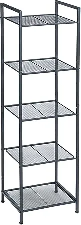 SONGMICS 5-Tier Storage Rack, Bathroom Shelf, Extendable Plant Stand with Adjustable Shelf, for Bathroom, Living Room, Balcony, Kitchen, Black UBSC35BK, 11.8 x 15 x 50.4 Inches