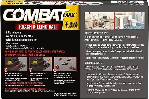 Combat Max 12 Month Roach Killing Bait, Small Roach Bait Station, Child-Resistant, 18 Count