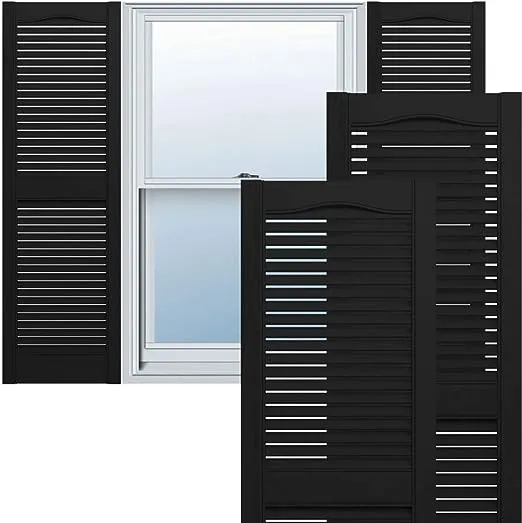 Lifetime Vinyl, Standard Cathedral Top Center Mullion, Open Louver Shutters, w/Instl (Pair) - Black - 14 1/2"W x 48"H