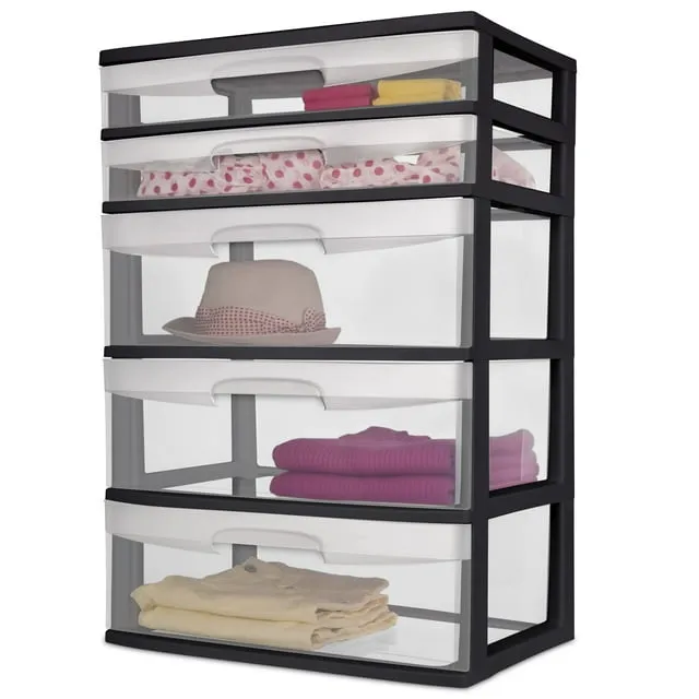 Sterilite Plastic 5 Drawer Wide Tower Black