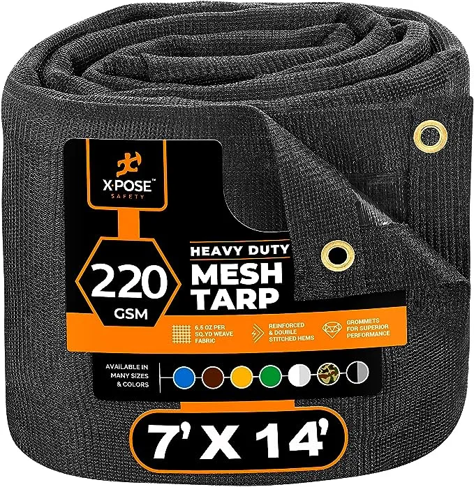 "Xpose Safety 7' x 14' Black Heavy-Duty Weatherproof 6.5 oz. Multipurpose Mesh Tarp BMT-714"