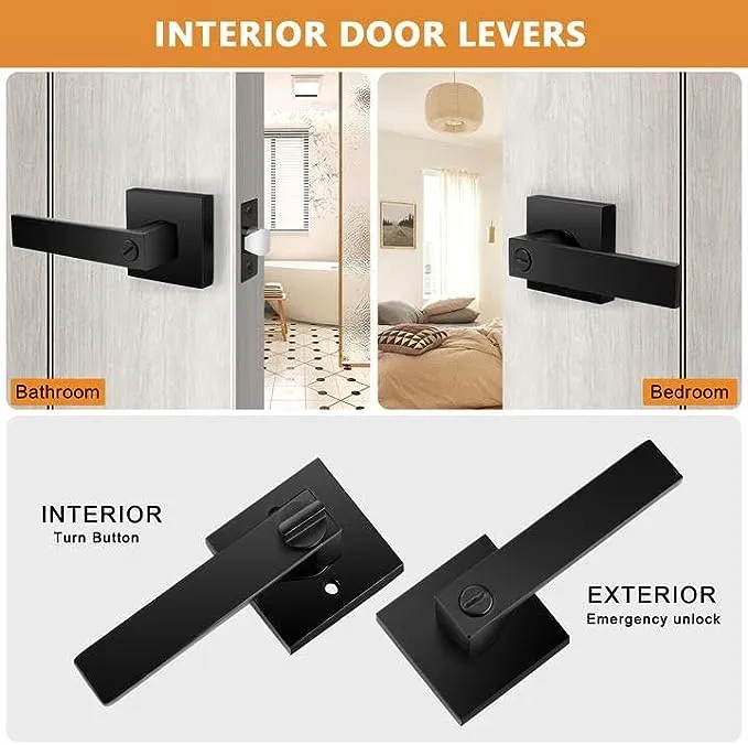 Probrico 6 pack matte Black Door Handles Heavy Duty Flat Square Privacy Interior Door Levers for Bedroom & Bathroom