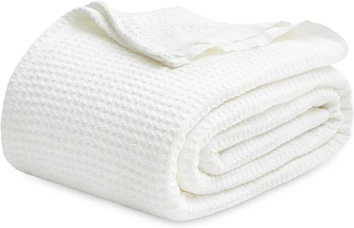 Bedsure 100% Cotton Blankets King Size for Bed - Waffle Weave Blankets for All Seasons, Cozy and Soft Woven Blankets, Lightweight Fall Blankets, White, 104x90 inches