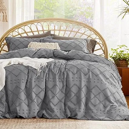 Bedsure Boho Duvet Cover Queen - Boho Bedding, Tufted Queen Duvet Cover for All Seasons, 3 Pieces Embroidery Shabby Chic Home Bedding Duvet Cover (Grey, Queen, 90x90'')