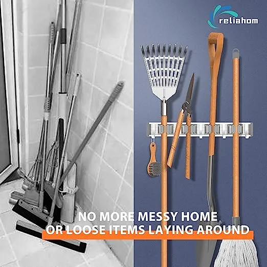 reliahom Broom Holder Mop Hanger Wall Mount Metal Organization Garage Storage System Garden Kitchen Tool Organizer (4 Racks with 5 Hooks, Silver)