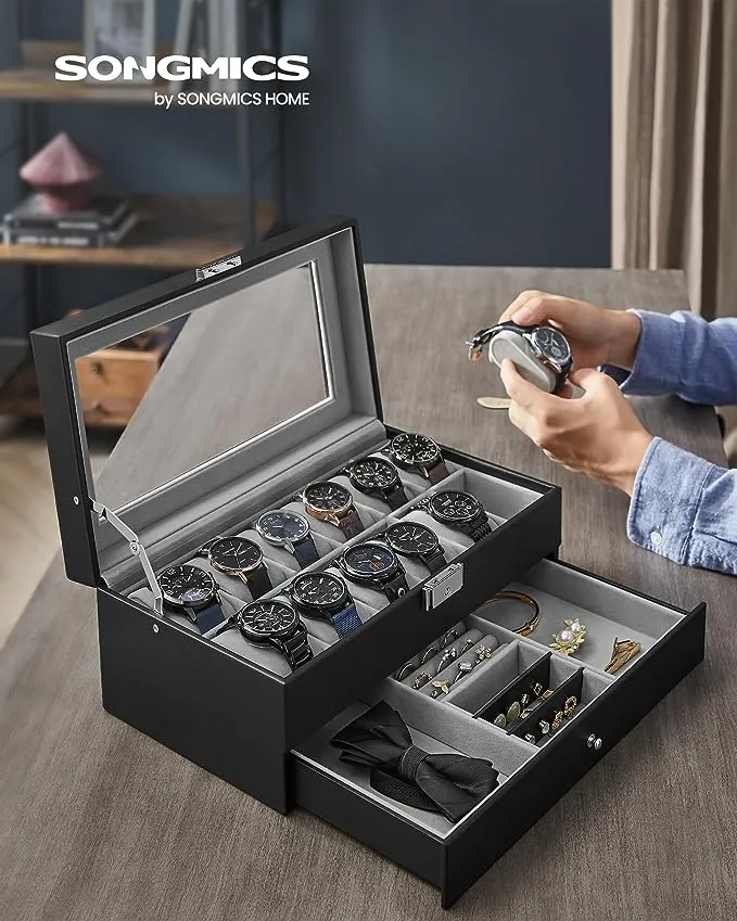 SONGMICS Lockable Watch Box with Glass Lid