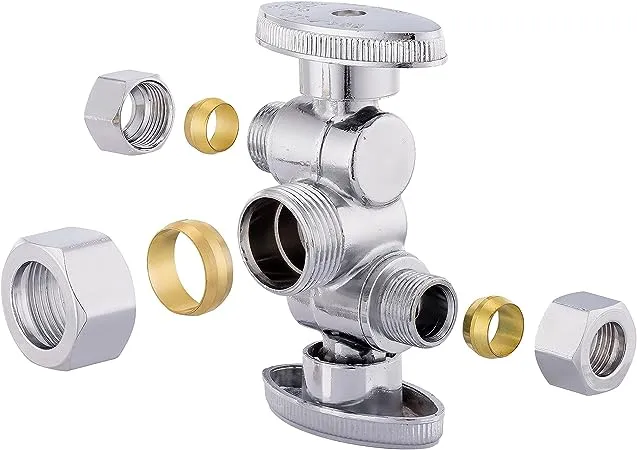 1/4 Turn Dual Compression Outlet Angle Stop Valve with 2 Shut Off Valve/Handles, 1/2" NOM (5/8" OD) x (3/8 inch x 3/8 inch) Chrome1/4 Turn Dual Compression Outlet Angle Stop Valve wit…