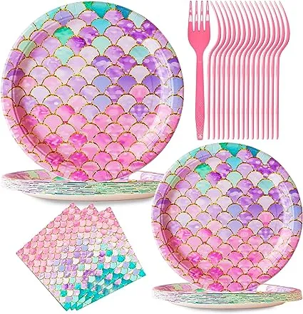 JESTAR 96 Pcs Mermaid Party Decorations, Mermaid Birthday Party Supplies Plates and Napkins Sets Ocean Theme Dessert Plates Napkins for Girls Baby Shower Mermaids Birthday Party Serves 24