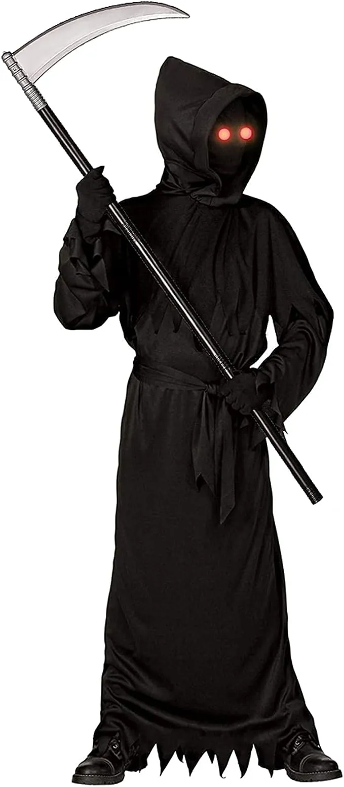 Grim Reaper Costume for Kids,Phantom Halloween Costume with Red Glowing Eyes, Gloves Scythe included(Black)