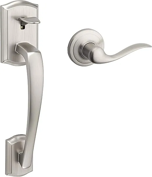 Kwikset Prescott Entry Door Handleset and Lever, Stylish Front Door Handle Featuring Microban Protection, Non-Locking, Deadbolt Not Included, Satin Nickel