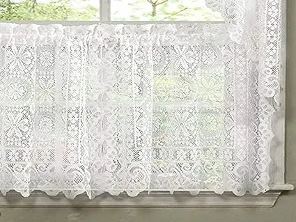 Sweet Home Collection Old World Style Floral Heavy Lace Kitchen Curtain Tier, White, 24