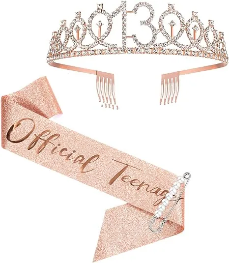 13th Birthday Sash and Crown for Girls, Rose Gold Official Teenager Sash and Tiara for Girls, 13th Birthday Gifts for Happy 13th Birthday Party Favor Supplies