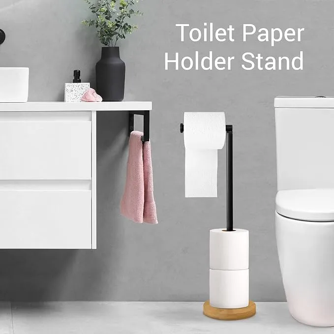 Toilet Paper Holder Stand, Modern Free Standing Toilet Paper Holder with Storage, Bamboo Base with Black Metal Stand, Sleek and Decorative Freestanding Bathroom Toilet Roll Holder