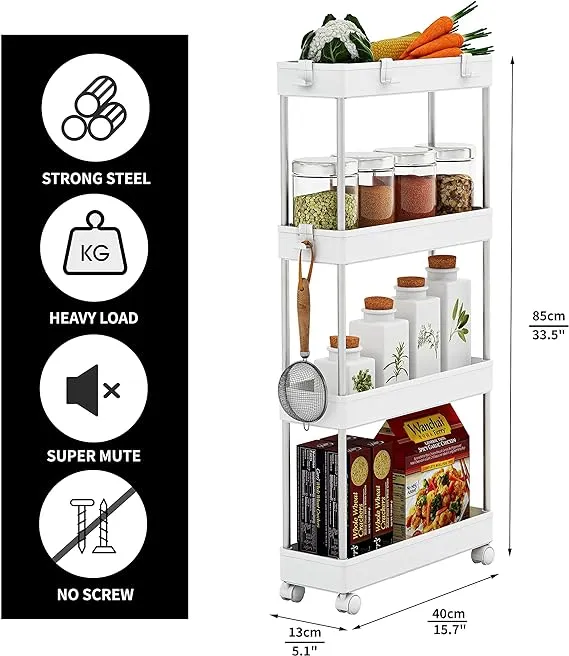 MELDEVO 4 Tier Slim Storage Cart Mobile Shelving Unit Organizer Slide Out Storage Rolling Utility Cart Tower Rack for Kitchen Bathroom Laundry Narrow Places, Plastic & Stainless Steel, White