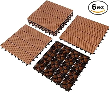 Patio Floor Tiles - Set of 6 Wood/Plastic Composite Interlocking Deck Tiles for Outdoor Flooring Covers 5.8-Square-Feet by Pure Garden (Brown)