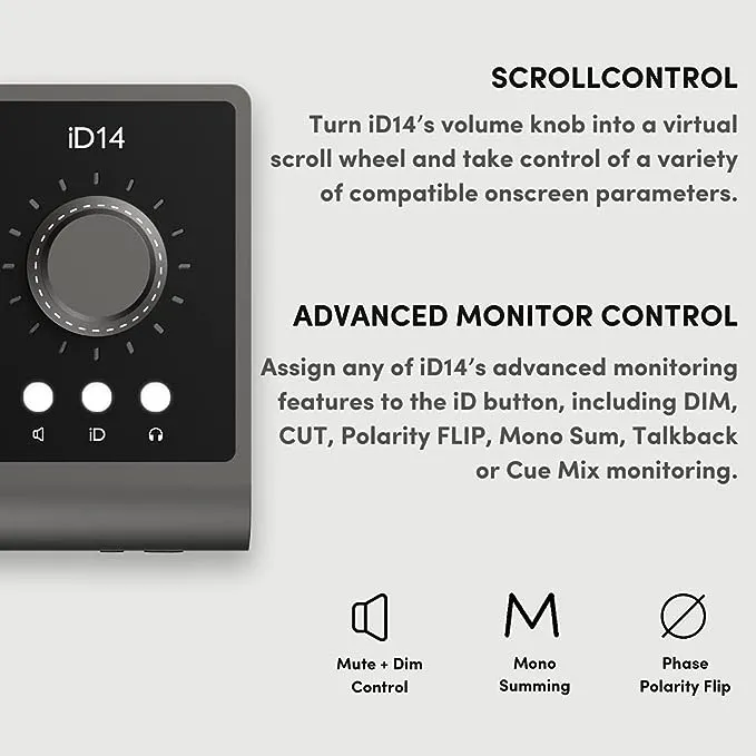 Audient Audio Interface iD14 MKII, 2 Class-A Microphone Preamps (High Performance USB Audio Interface, USB-C Connector, Monitor Mix and Monitor Panning Function, 2 Headphone Outputs), Black 