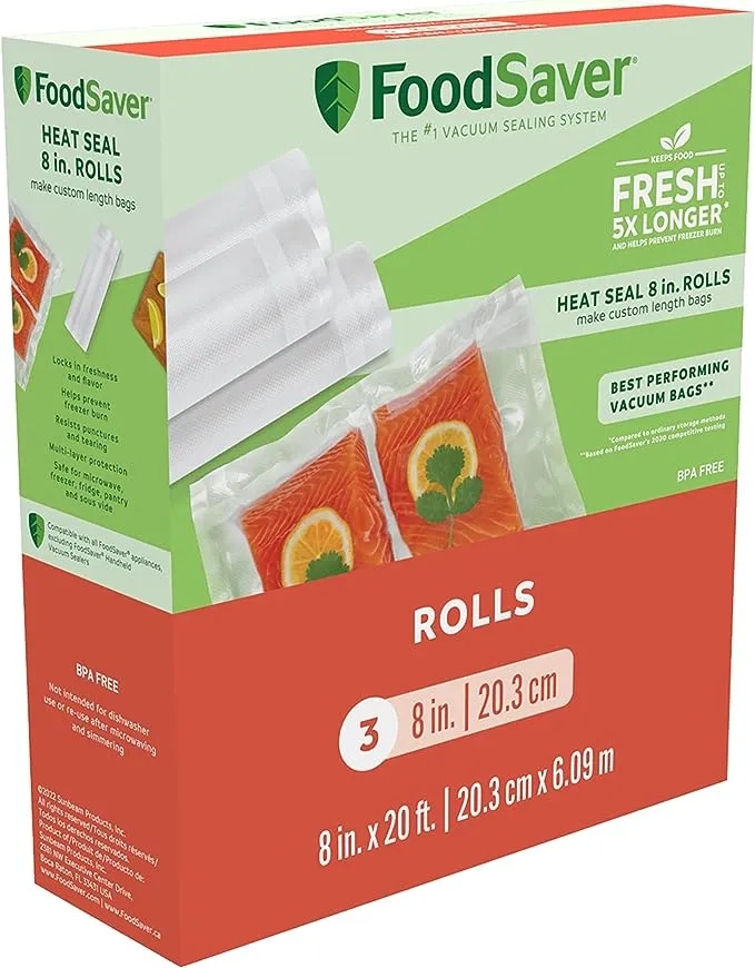 FoodSaver Vacuum Sealer Bags, Rolls for Custom Fit Airtight Food Storage and Sous Vide, 8" x 20' (Pack of 3)