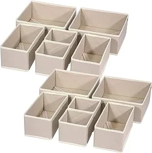 DIOMMELL 12 Pack Foldable Cloth Storage Box Closet Dresser Drawer Organizer Fabric Baskets Bins Containers Divider for Clothes Underwear Bras Socks Lingerie Clothing, Beige 444