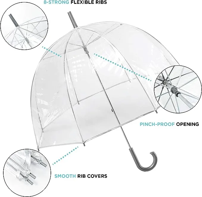 totes Women's Clear Bubble Umbrella – Transparent Dome Coverage – Large Windproof and Rainproof Canopy – Ideal for Weddings, Proms or Everyday Protection, White & Black Dots