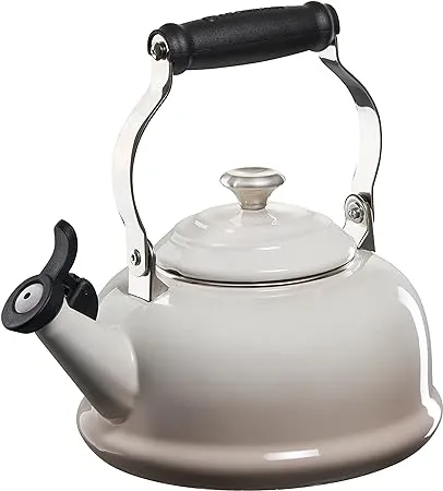 Le Creuset Enamel On Steel Whistling Tea Kettle with Metal Finishes, 1.7 qt., Meringue