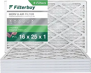 Filterbuy 16x25x1 Air Filter MERV 8, Pleated HVAC AC Furnace Filters (6-Pack, Silver)