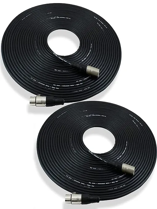 GLS Audio 50ft Mic Cable Patch Cords - XLR Male to XLR Female Black Microphone Cables - 50' Balanced Mike Snake Cord - 2 Pack