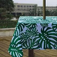 Melaluxe Spring/Summer Wrinkle-Free Waterproof Outdoor Tablecloth with Umbrella Hole and Zipper, Green Checkered, 60 inch Square