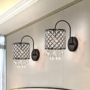 Maxax Crystal Wall Sconce, Modern Indoor Wall Lamp, Vanity Lighting Fixture with Lattice Drum Shade, ETL Listed, for Living Room, Bedroom, Hallway, Bathroom, Antique Black Finish, Set of 2