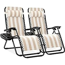 Best Choice Products Set of 2 Adjustable Zero Gravity Lounge Chair Recliners for Patio w/ Cup Holders - Tan Striped