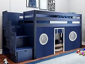 Jackpot Contemporary Low Loft Bed with Stairway, Twin, Blue with Blue & White Tent