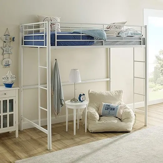 Walker Edison Timothee Urban Industrial Metal Twin over Loft Bunk Bed, Twin Size, White