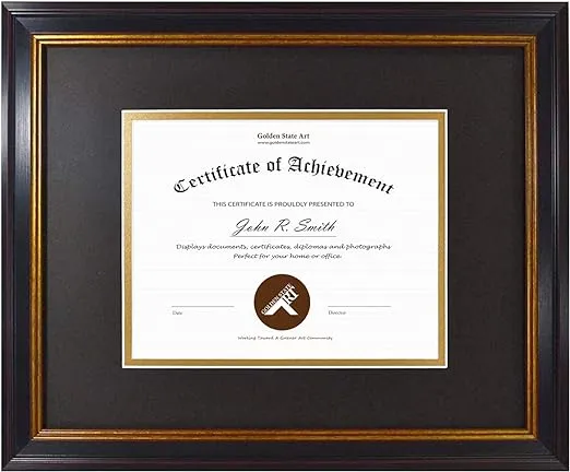 Golden State Art, 11x14 Document Frame for 7x9 Photos Diploma/Certificate, Wall Hang Frame, Black Gold & Burgundy Color, Includes Black Over Gold