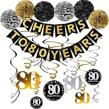 Famoby 80th Birthday Party Decorations Kit - Gold Glittery Cheers to 80 Years Banner,Poms,12Pcs Sparkling 80 Hanging Swirl for 80th Anniversary Decorations 80 Years Old Party SuppliesFamoby 80th Birthday Party Decorations Kit - Gold Glitte…