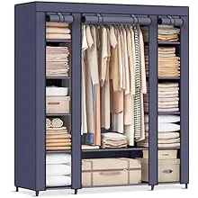 SONGMICS Closet Wardrobe, Portable Closet for Bedroom, Clothes Rail with Non-Woven Fabric Cover, Clothes Storage Organizer, 59 x 17.7 x 69 Inches, 12 Compartments, Dark Blue ULSF003I02